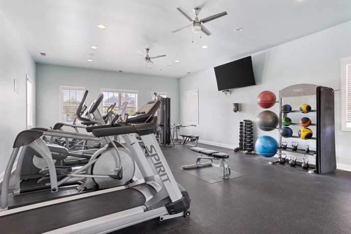Light blue apartment community fitness center with exercise equipment, balls, and a flat screen tv