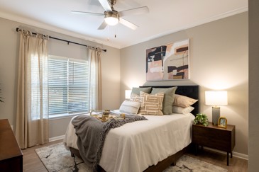 A splendid bedroom with a queen bed, a large window, and wood-style flooring at The Pointe at Vista Ridge.