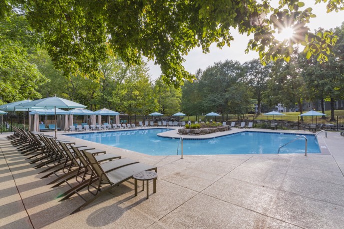 The Landings of Brentwood features a resort-style pool surrounded by trees and lounge chairs, providing a relaxing and comfortable environment.