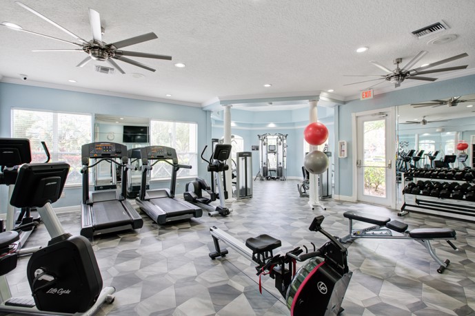 Fitness center in a well-lit space with ample windows, equipped with a variety of cardio and weight machines, complemented by ceiling fans and a TV for entertainment.