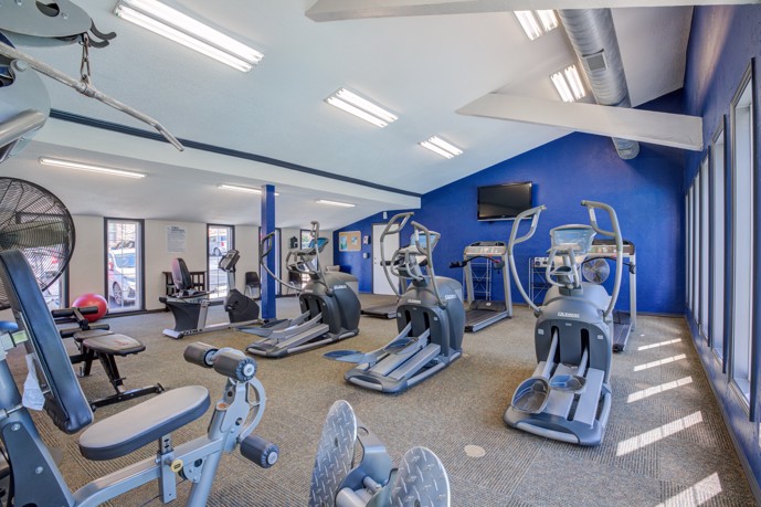 A robust and well-equipped fitness center with mounted TV and treadmills. 
