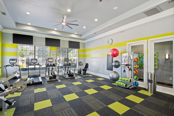 Fitness center featuring cardio and weight equipment, gym balls, a ceiling fan, and ample natural light from windows.