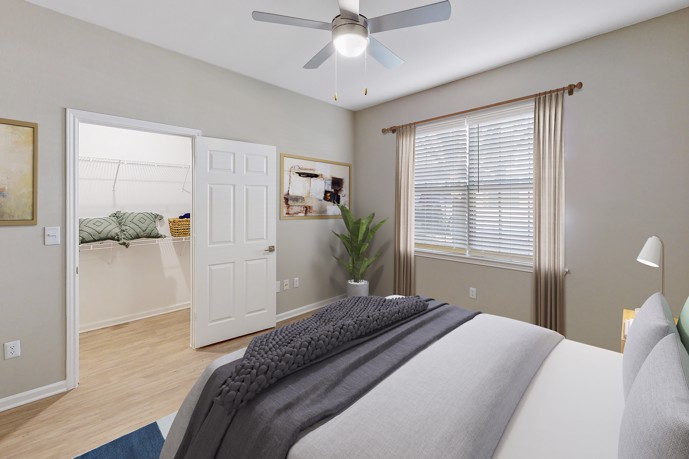 Bedroom featuring a window for natural light, a ceiling fan for comfort, hardwood-style flooring, and access to a generously sized walk-in closet.