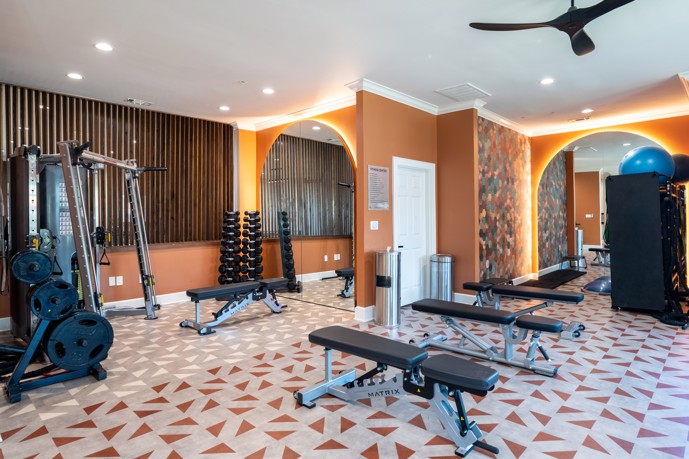 A vibrant fitness center adorned with gym equipment and walls painted in bright orange hues at Pointe at Vista Ridge.