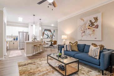 Newly Renovated Living Room and Kitchen with Quartz Countertops and Hardwood Style Flooring