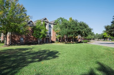 A large lawn with trees that have apartment buildings behind them