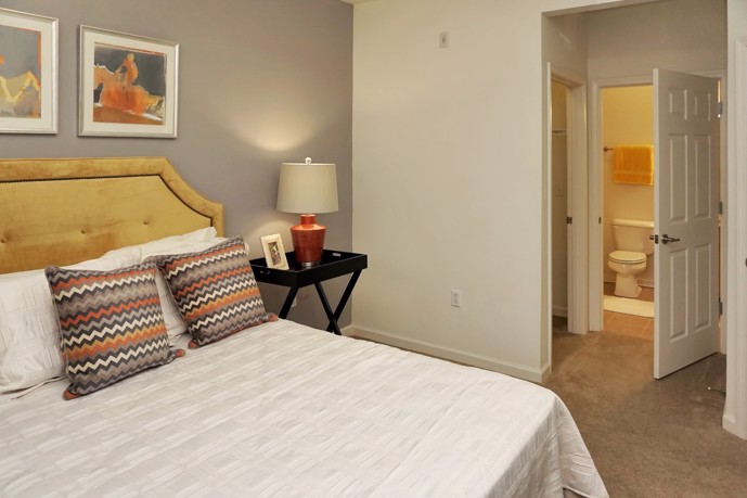 A bedroom featuring plush carpet flooring and convenient access to a spacious walk-in closet and a private bathroom.