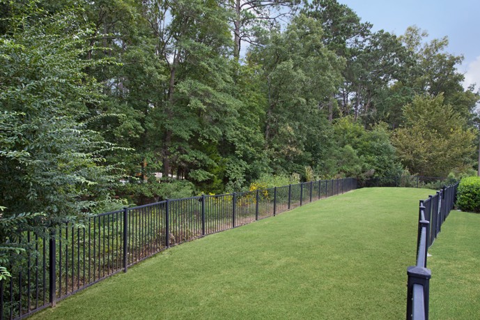 A spacious dog park at The Village at Auburn in Durham, NC, featuring lush green grass and surrounded by tall trees.
