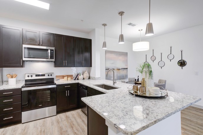 Experience culinary delights in an L-shaped kitchen, featuring sleek stainless steel appliances, elegant granite countertops, and stylish pendant lights.