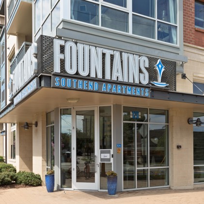 Experience convenience at the entryway to the leasing office of Fountains Southend Apartments in Charlotte, North Carolina.