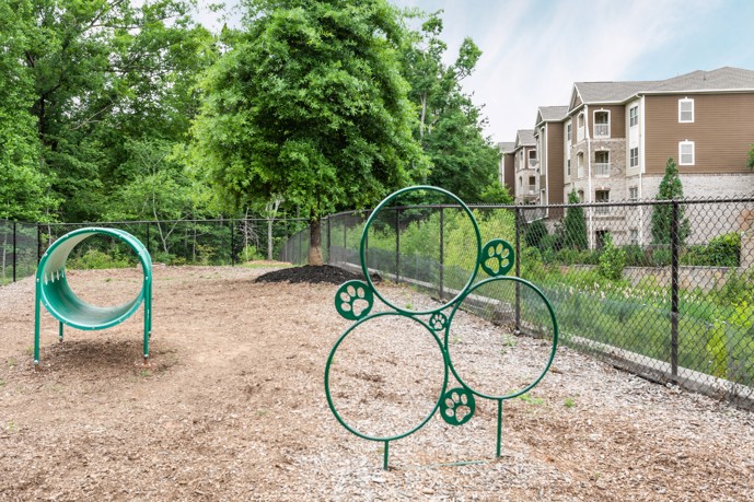 Fenced dog park with a tube and a large hoop jump surrounded by foliage at Waterstone at Big Creek apartments in Alpharetta, GA