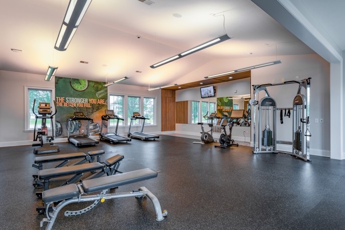 State-of-the-art fitness center equipped with cardio machines, weightlifting apparatus, mirrors, and abundant natural light through windows.