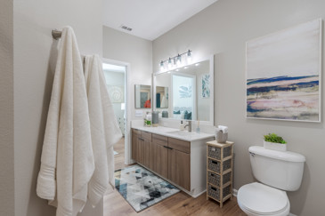 A bathroom at The Enclave at Tranquility Lake in Riverview, FL, featuring contemporary fixtures, a spacious vanity with mirror, and elegant lighting.