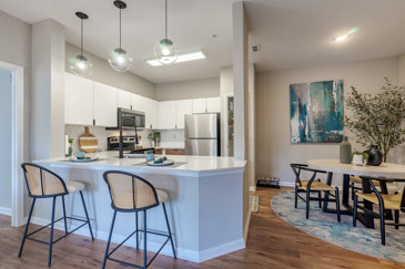 A modern kitchen at The Enclave at Tranquility Lake in Riverview, FL, featuring sleek cabinetry, stainless steel appliances, and granite countertops.