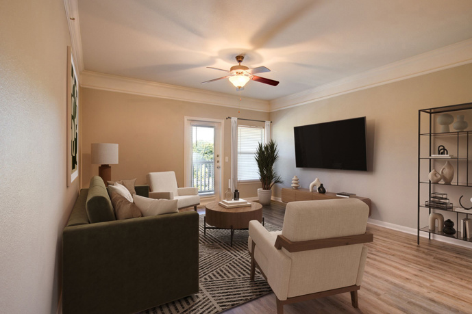 Bright, open-concept comfortably furnished tan apartment living room overlooking kitchen and dining area