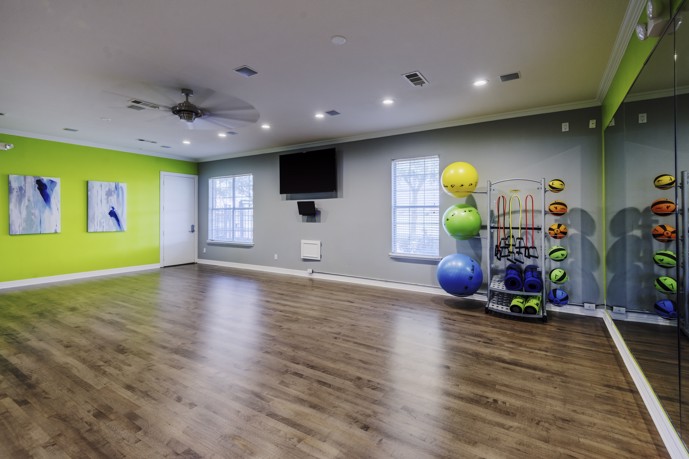 Fitness studio boasting gym balls, ceiling fans, large mirrors, a TV, and expansive multi-functional space with hardwood-style floors.