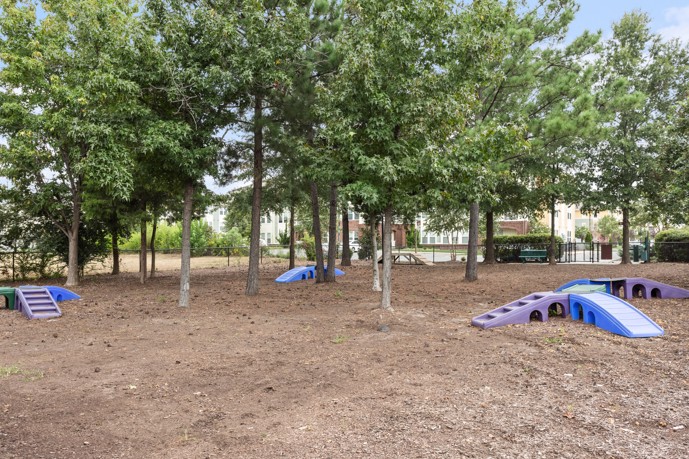Wooded outdoor dog park with trees and small running ramps for dogs at Creekstone at RTP apartments in Durham, NC