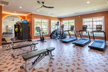The vibrant fitness center at The Pointe at Vista Ridge features abundant natural light streaming in through large windows, enhancing the energetic atmosphere for residents' workouts.