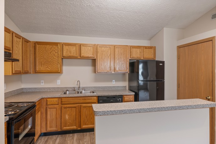 A well-equipped kitchen furnished with a breakfast bar, wooden cabinets, a double-basin sink, and sleek black appliances.