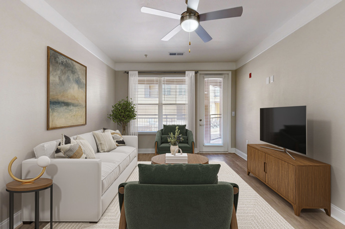 A contemporary living room interior design at Retreat at Quail North, featuring stylish furnishings and decor.