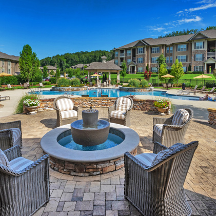 Showcasing the stunning pool surrounded by trees and perfect landscaping.