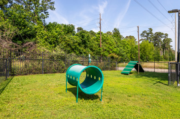 Fenced-in dog park with a few obstacles on a large lawn surrounded by trees