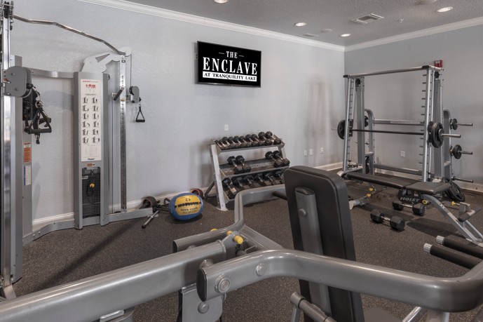 The well-appointed fitness center within The Enclave at Tranquility Lake in Riverview, Florida, offering residents a modern space equipped with exercise machines and ample natural light.