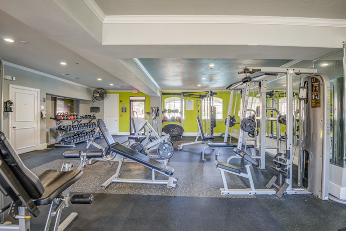 The well-equipped fitness center boasting modern weight and cardio machines, ample windows for natural light.