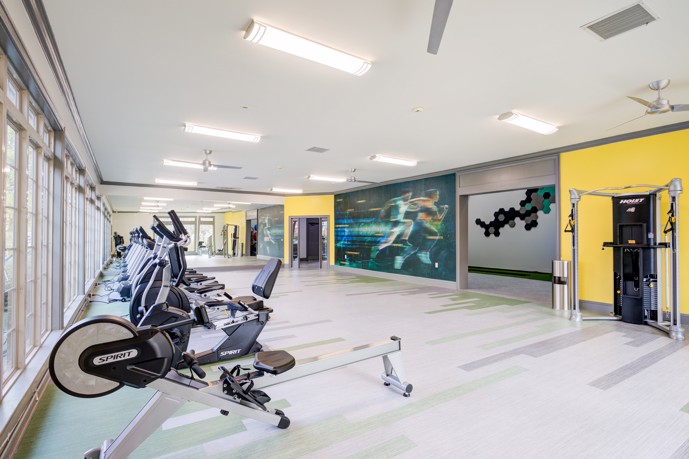 A vibrant fitness center adorned with a variety of gym equipment, set against colorful walls and illuminated by expansive windows, within the Walnut Hill apartment community.