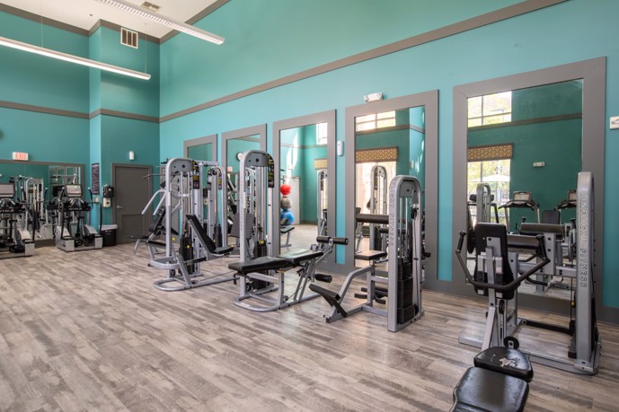 Well-equipped fitness hub boasting multiple mirrors, a plethora of cardio and weight-training apparatus, and resilient wood-style flooring, tailored for active lifestyles.