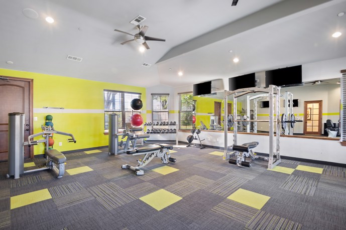 Well-equipped fitness center, featuring weight equipment, mirrors, a cooling ceiling fan, and abundant natural light from the windows.