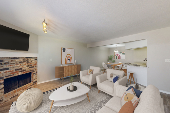 The apartment at Windrush boasts an open floor plan, with distinct living and dining areas for optimal functionality and comfort.