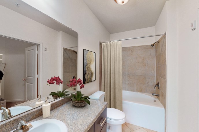A staged bathroom in Tapestry Park, Birmingham, AL, showcasing modern fixtures and design elements.