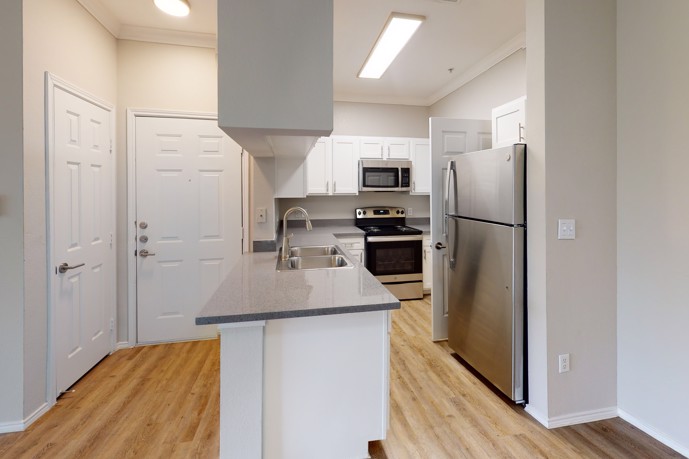 Modern kitchen equipped with sleek stainless steel appliances, stylish hardwood-style flooring, and a convenient double-basin sink, adjacent to entry and closet doors.
