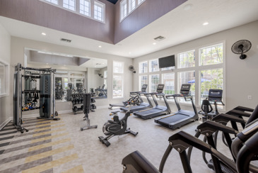 The fitness center with skylights in the ceiling, gym equipment, and a large mirror at The Chelsea.