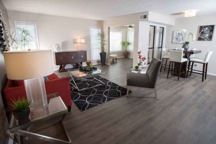 A cozy living room and dining area in a home at Ridge Crossings.