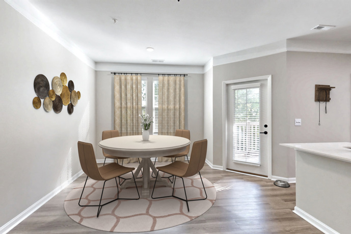 A tastefully decorated dining room with a wooden table and comfortable chairs for a cozy meal.